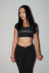 Foreign Rhinestone Micro Crop Tee – Black