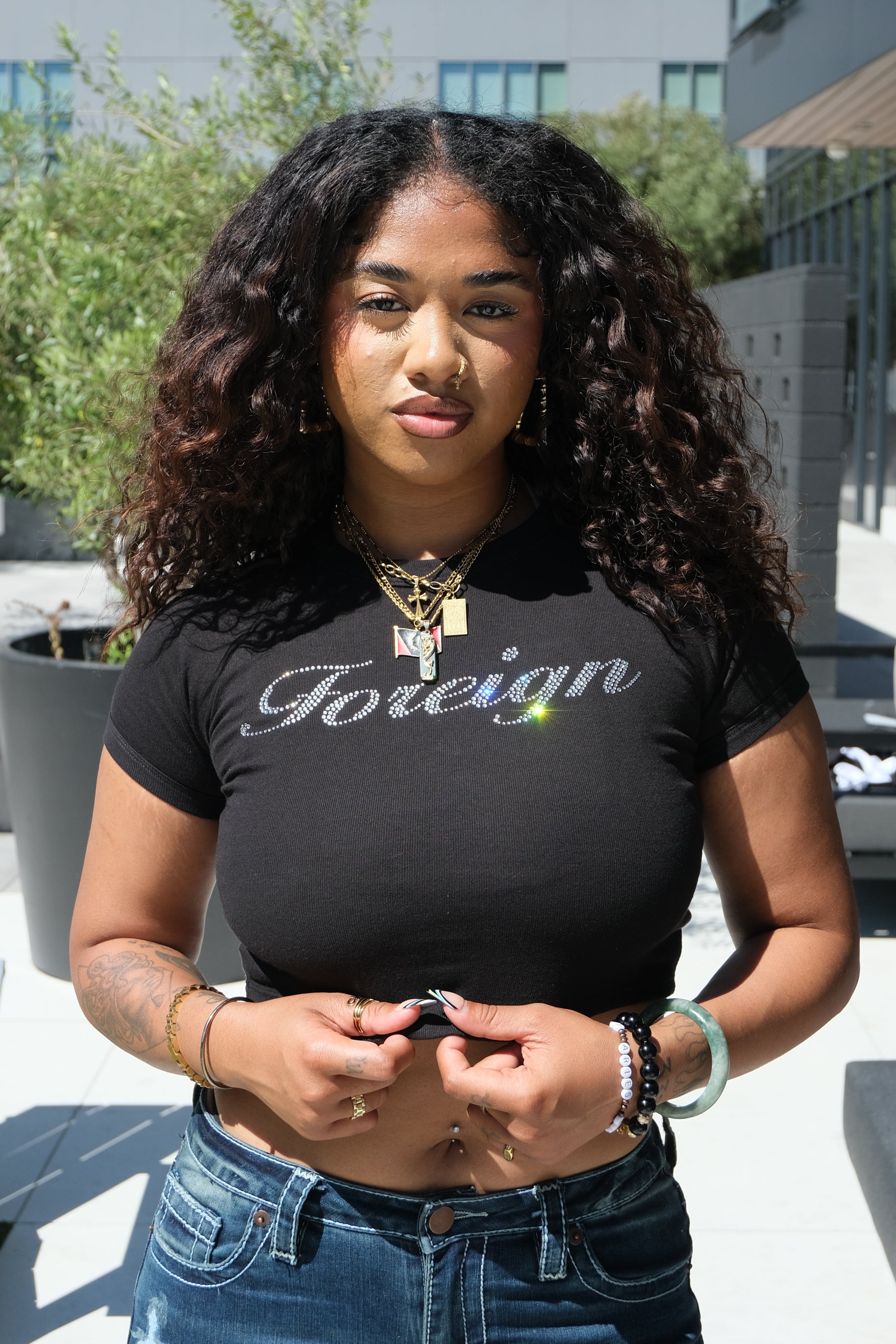 Foreign Rhinestone Baby Tee - Black