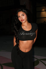 Foreign Rhinestone Micro Crop Tee – Black